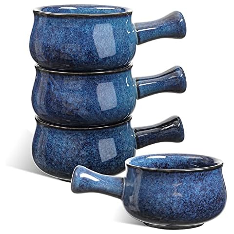 vicrays French Onion Soup Bowls With Handles, 26 Ounce for Soup, Chili, Beef Stew, Chip Resistant, Dishwasher Microwave Safe, Set of 4 (Blue) Cover