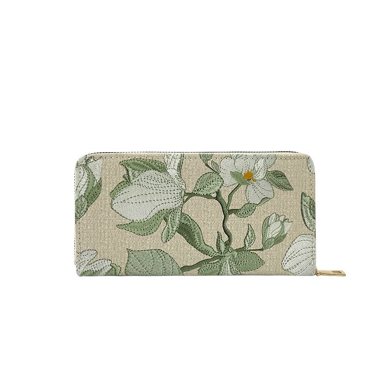 Herinos Women's Floral Wallet, 12 Card Slot Embroidered Zipper Long Wallet for Girl, GREEN, Minimalist
