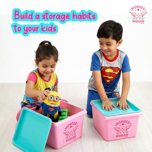 Image of Nayasa Stack N Store Wonder Women, Small, 5 ltrs | DC Superhero Print Plastic Storage Boxes Set of 3 with Lid | Side Handles | Stackable Multipurpose Organizers | Strong & Durable | Pink