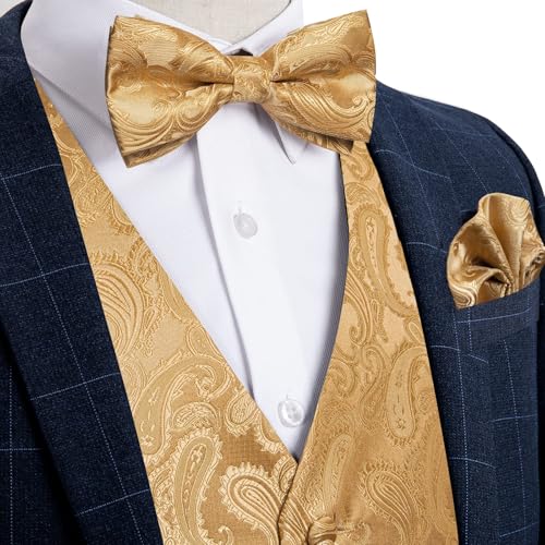 Image of DiBanGu Mens Paisley Suit Waistcoat,Silk Dress Vest and Bowtie Pocket Square Cufflinks with Lapel Pin Set for Wedding Tuxedo