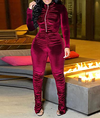 SEMATOMALA Women's Velour 2 Pieces Tracksuit Ruched Zip-Up Hoodies Jacket Stacked Skinny Pants Sexy Club Activewear Outfits3