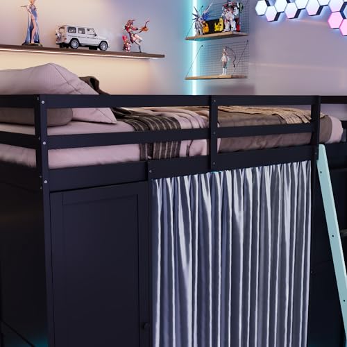 Image of Harper & Bright Designs Full Size Loft Bed with Wardrobe and Storage Shelves, Wooden Loft Beds Full with RGB Lights, Charging Sation and Blackout Curtains, Space-Saving, Black+Blue