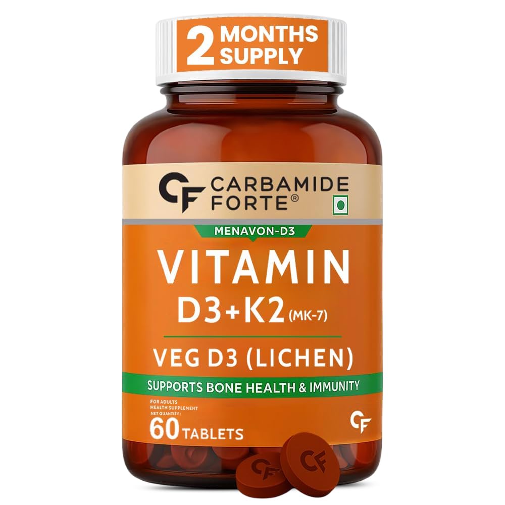 Carbamide Forte Vitamin D3 K2 Supplement | Vitamin K2 MK7 To Support Bone & Heart Health | Veg D3 - Lichen - 60 Tablets