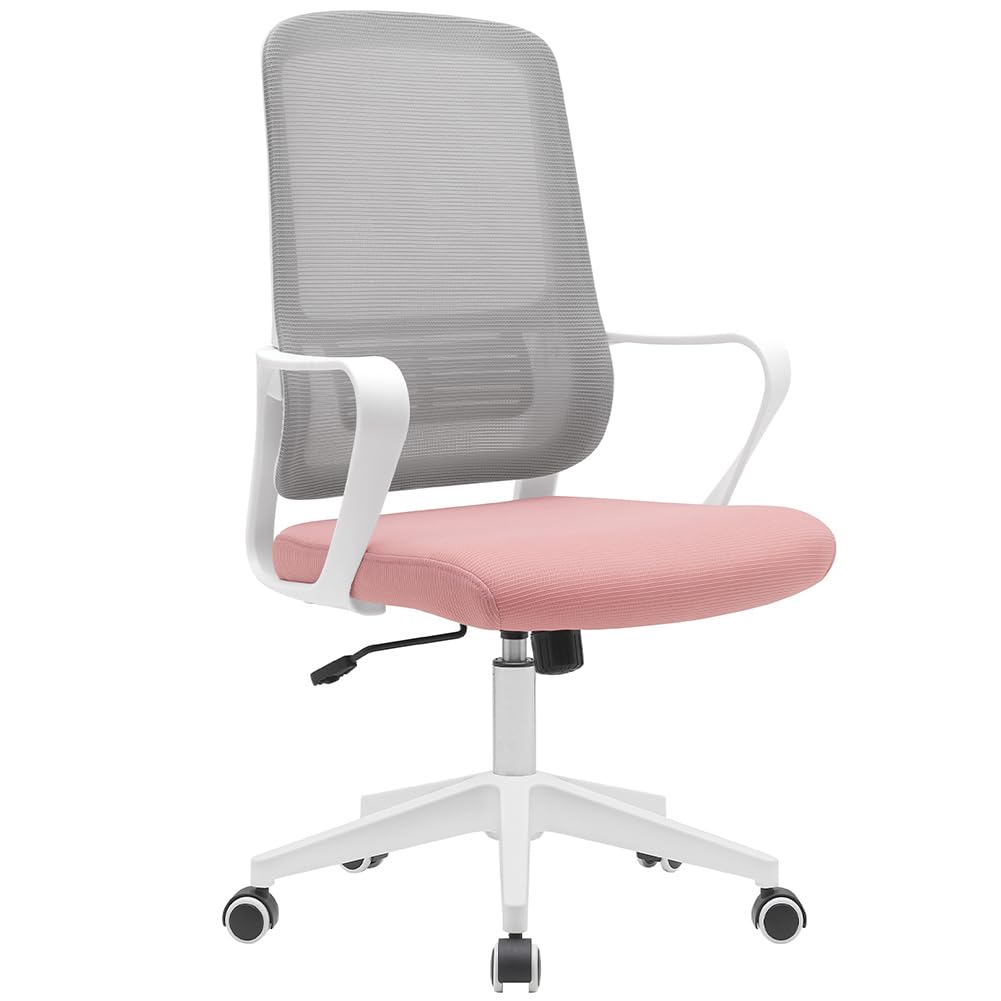 BAKAJI Silla de Escritorio ergonómica con Ruedas giratorias antiarañazos, Respaldo de Tela Transpirable y Soporte Lumbar, sillón de Estudio u Oficina, Ajuste de la Altura del Gas 98-108 cm (Rosa y