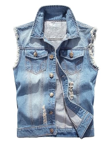 Image of LONGBIDA Men's Denim Vest Casual Slim Fit Sleeveless Jacket Vintage Ripped Summer Jean Vests, Light Blue, XXL