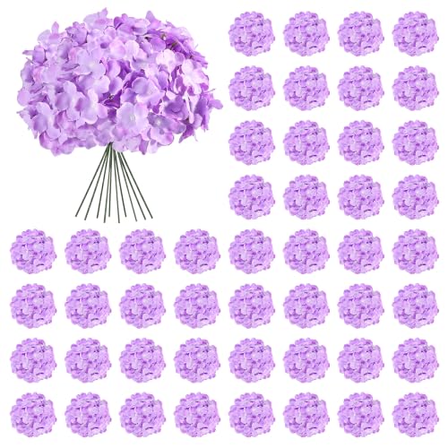 Auihiay 64pcs Hydrangea Artificial Flowers Purple Artificial Hydrangea Flowers Silk Hydrangea Heads with Stems for Garden Home Party Baby Shower DIY Wedding Centerpiece (Purple)