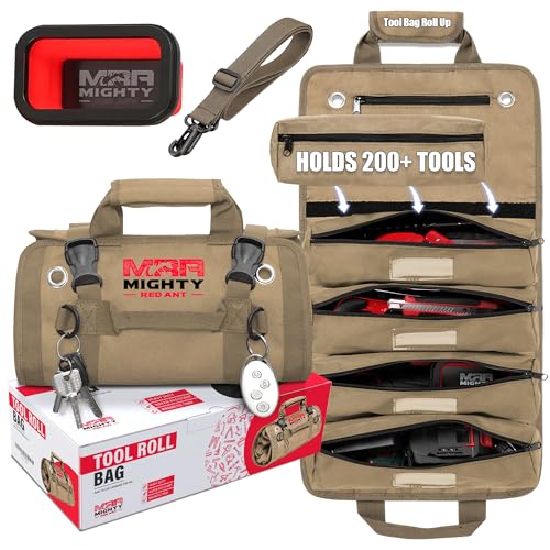 Mighty Red Ant Tool Roll Bag Organizer with Magnetic Plate – Heavy Duty Polyester, Ideal Gifts For Men, Portable Tool Roll Up Bag with 5 Large Pouches & 4 Tool Strap – Khaki (26 Inches)