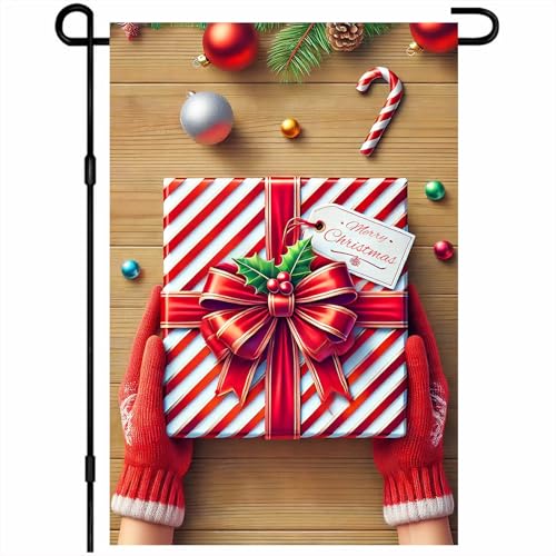 Image of BlissYard Christmas Garden Flag 12x18 Inch Candy Cane Box Yard Decor | Double sided polyester, christmas wrapped box design, wrapped box decor for holiday porch and yard