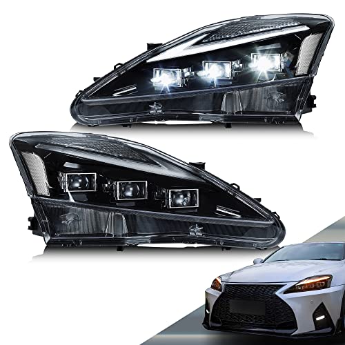 VLAND Projector LED Headlights Compatible with Lexus IS250/IS250C IS350/IS350C IS220d 2006-2012 ISF 2008-2014 w/Star-up Blue Lighting w/Sequential Clear Reflector