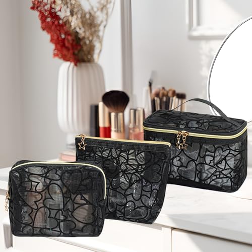 Image of 3-Piece Mesh Makeup Bag Set Flocking Heart Printed, Portable Travel Mesh Cosmetic Bags Toiletry Bags Makeup Purse Bags Five-pointed star zipper pull Storage Pouches, for Home Travel