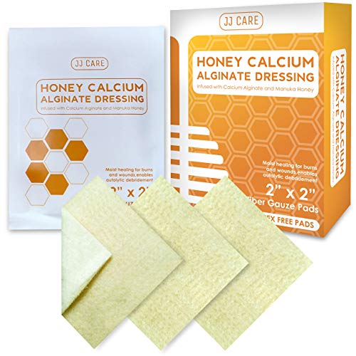 JJ CARE Honey Calcium Alginate Dressing 2â€x 2â€ [Box of 10] Honey Wound Dressing with Calcium, Honey Patches for Faster Wound Care, Medical Grade Honey Bandages for Burns, Latex Free