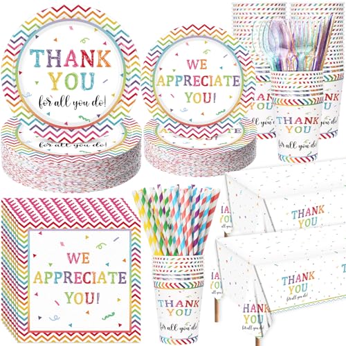 Image of Funnymoom 452 Pcs Thank You Party Decorations for 50, We Appreciate You Paper Plates Napkins Cups Tablecloth Cutlery Straws for Employee Staff Housekeeping Week Pastor Appreciation Party Supplies