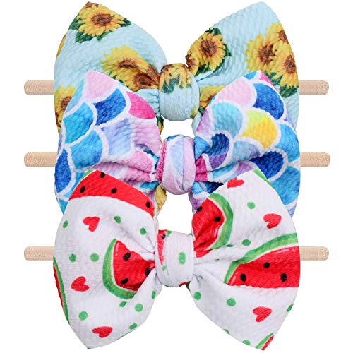 Image of YanJie Baby Girls Nylon Headbands Newborn Bows Handmade Hair Bows Hairbands Hair Accessories for Newborn Infant Toddlers Kids(Watermelon Mermaid Sunflower)