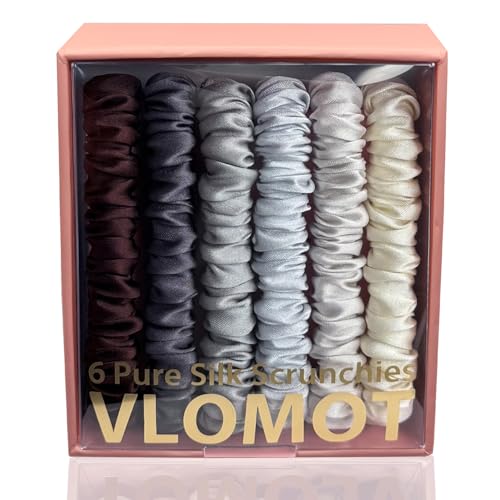 Image of VLOMOT 6 Pcs Set 100% Pure Mulberry Silk Scrunchies Hair Ties with 6 Chic Colors Everyday Skinny Scrunchies Silk Ponytail Holders Hair Care No Damage (Moonlight)