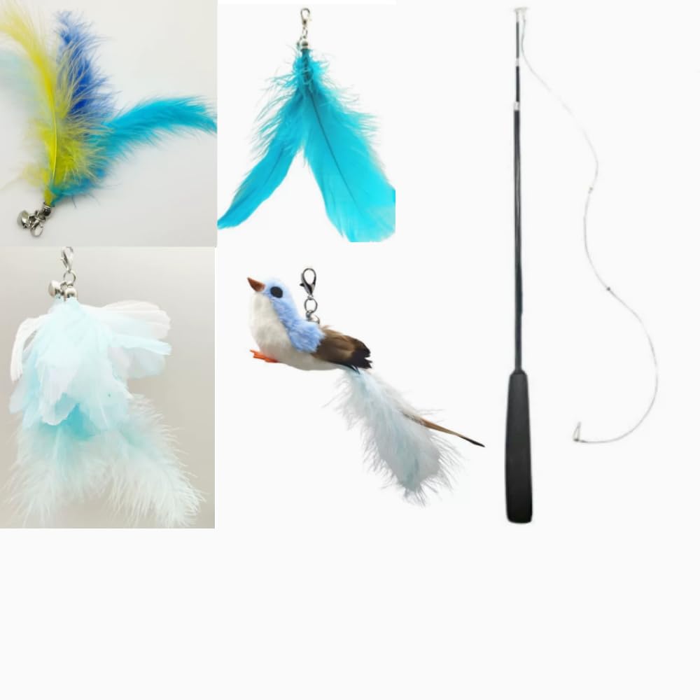 AiQInu Cat Toys 5 Pieces, Retractable Wand Interactive Toys for Cats, Cat Toys with 1 Birds and 3 Feathers with Bells, Cat Toy for Kittens