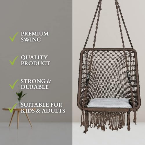 Image of Swingzy Premium Rectangle Swing Chair for Adults | Stylish Indoor Outdoor Hanging Swing | Polyester Blend Large Swing for Balcony | Durable Relaxing Hammock Chair (Accessories Included, Brown)