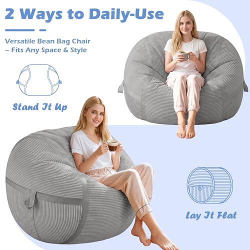 Image of 3FT Bean Bag Chair 3'Big Bean Bag Chairs with Adults, Large Beanbag Chair | Bean bags with Machine Washable Cover Corduroy Fabric, Comfy Chairs for Living Room, Bedroom, Dorm, Lightgrey