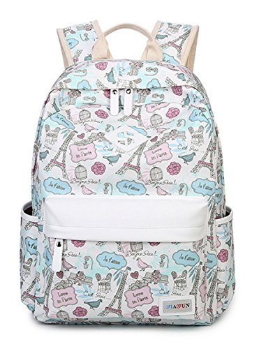 SUNLAND Double Zipper Eiffel Tower Printing School Backpack Student Book Bag(Blue)