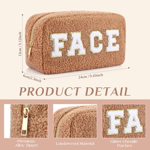 Paterr 4 Pcs Chenille Letter Preppy Patches Makeup Bag Plush Fuzzy Makeup Pouch Hair Skin Face Stuff Bag Large Cosmetic Purse Zipper Travel Toiletry Kit for Spring Gift(Brown Colors)3