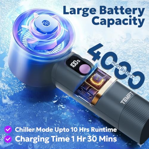Image of TEMPT ICY Portable Cooling Hand Fan, 14000+ RPM Turbo Speed, USB-C, Grey | 12-Hour Runtime, Ultra Quiet 30dB, Smart LED Display, 4 Speed Settings, USB-C Fast Recharge, 4000mAh Battery, Portable Design