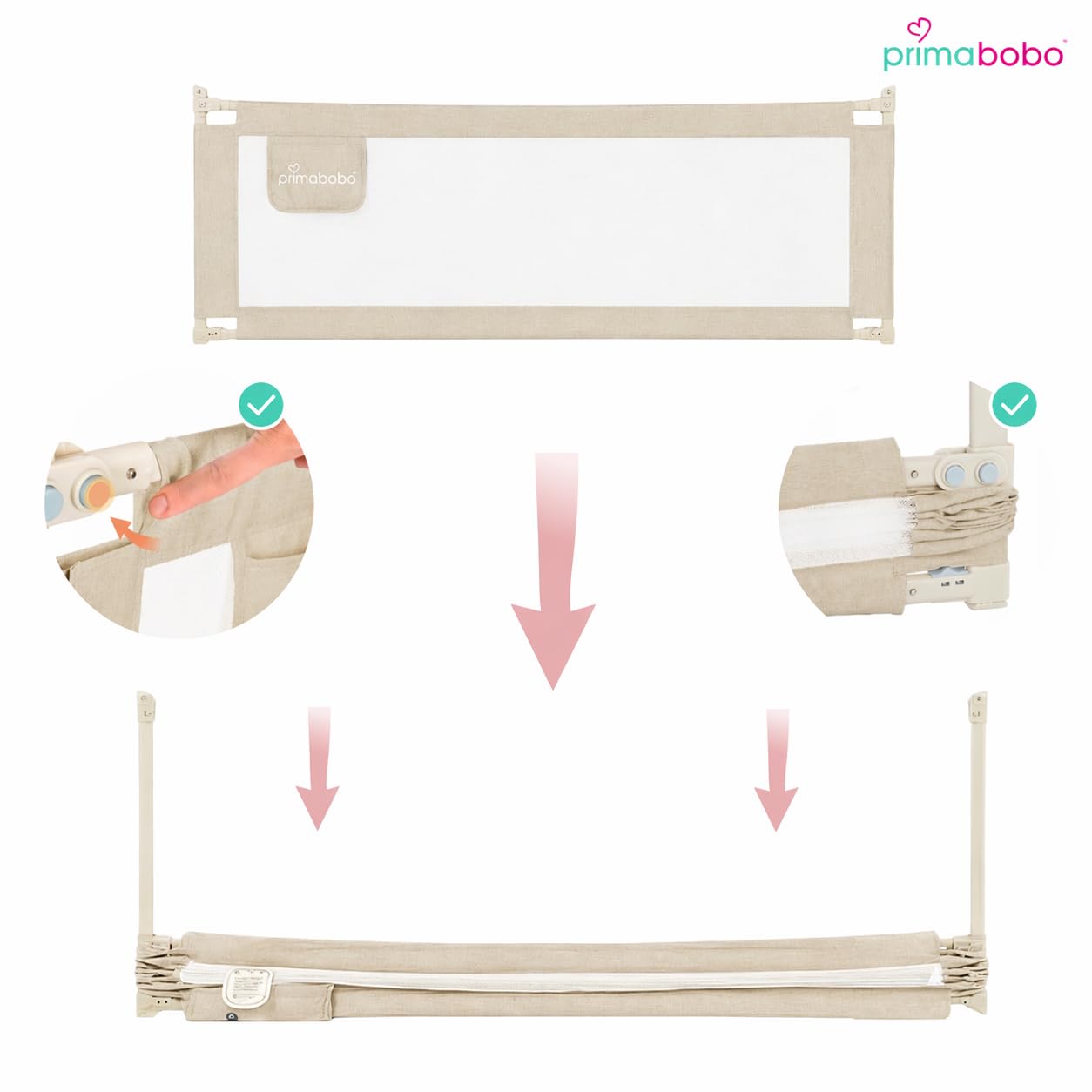 Primabobo Bettgitter Set 3 Stück Beige – 2X 200 cm + 1x 160 cm – Rausfallschutz Kinderbett, Sicheres Bettgitter, Bettschutz Komplettset