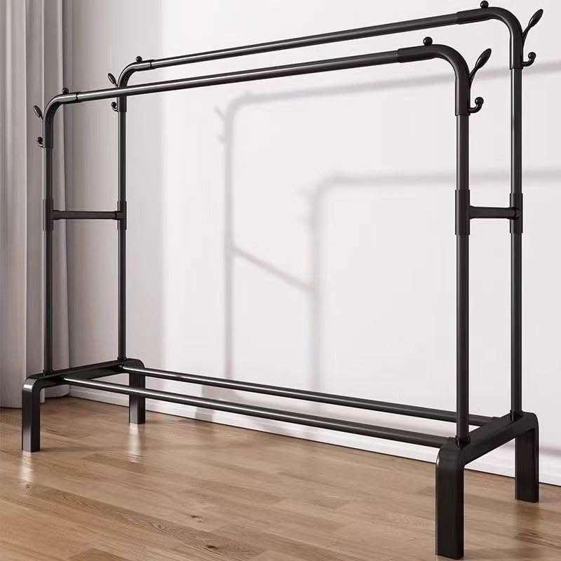Blendra Clothes Rai Black Double Clothes Rack with Bottom Storage Shelf and Coat Hook for Bedroom&Apartment,Easy Assembly,Portable