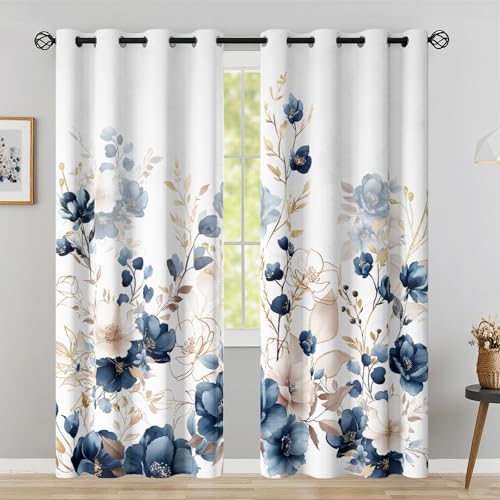 Sanzugh Boho Floral Blackout Curtains 84 Inch Long 2 Panels Set, Navy Blue and Gold Flower Cute Black Out Patterned Printed Window Curtain for Bedroom Living Room, Grommet Window Drapes