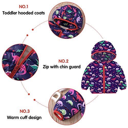 Baby Kids Winter Coats Hoods Ultralight Toddler Girl Dinosaur Puffer Coats Cute Zipper Cable Outwear Snowsuit for Snow Rain Or Cold Weather 6-12 Month - Thumbnail 4