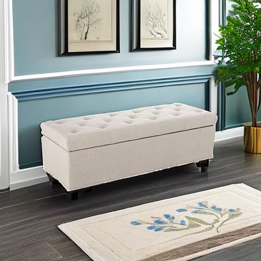 Image of BELLEZE Storage Ottoman, Tufted Ottoman with Close Hinge, Foot Rest for Living Room (Beige, 47 inch)