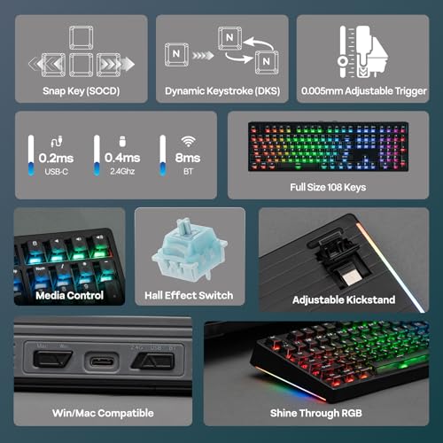 Image of EPOMAKER HE108 Wireless Gaming Keyboard, 8K Polling & 10000mAh, SOCD & DKS, Full-Sized Hall Effect Keyboard with Rapid Triggering, Custom Driver, RGB Backlit, PBT Keycap (Black)