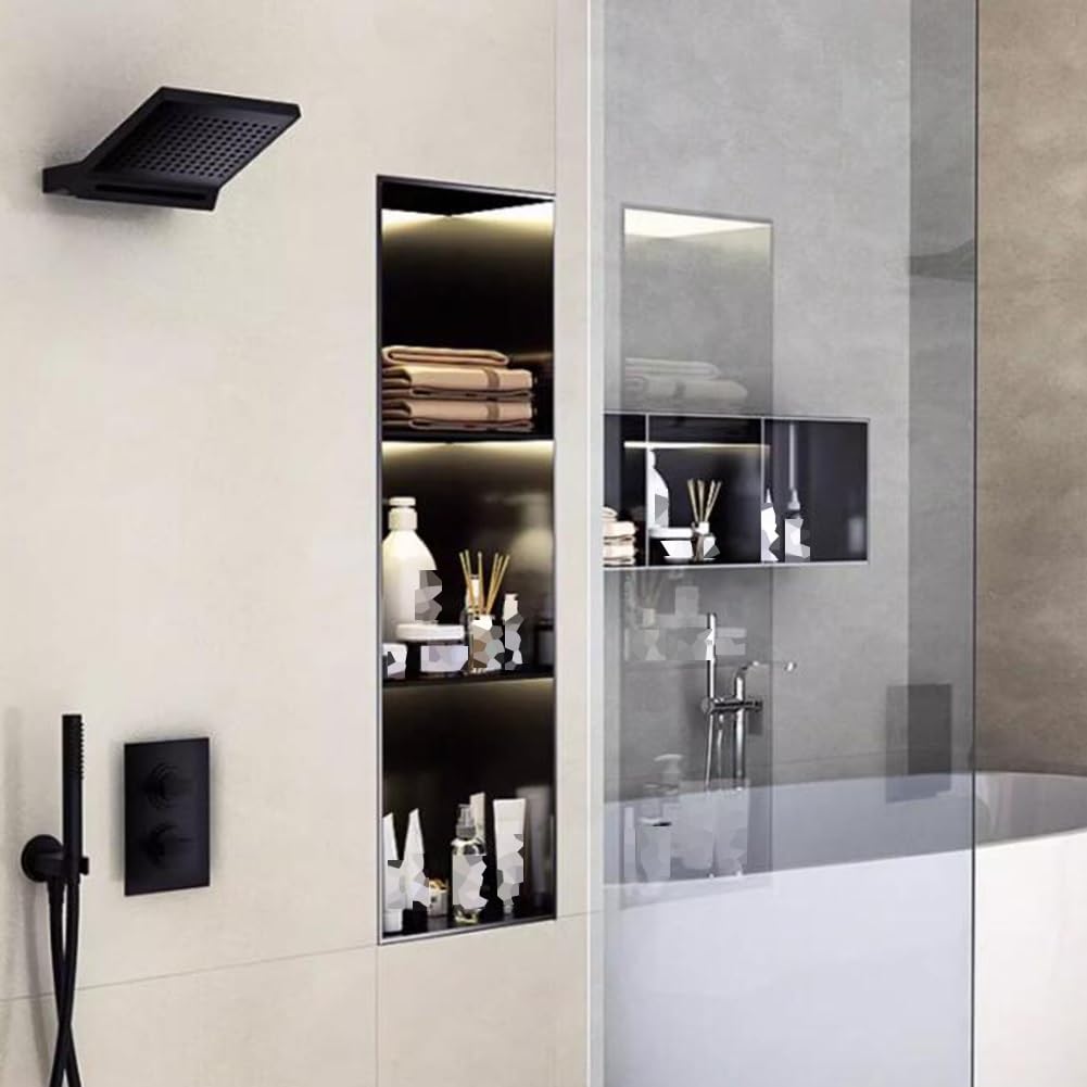 Estante de ducha empotrado de acero inoxidable impermeable para almacenamiento de pared para champú/artículos de tocador, cuadrado, 70 x 28 x 12,5 cm, acabado negro
