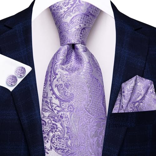 Image of Hi-Tie Mens Paisley Floral Striped Ties Set Silk Necktie and Lapel Pin for Men Pocket Square Cufflinks Set Business Wedding