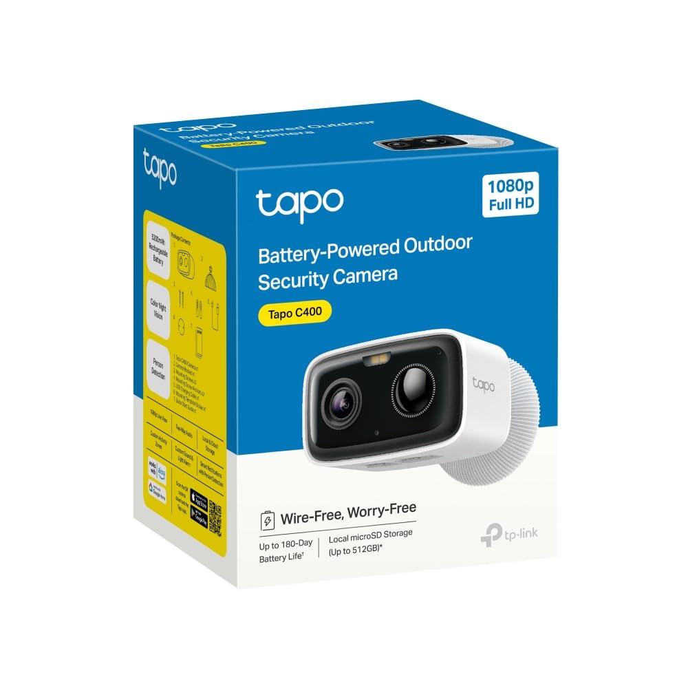 TP-Link Tapo C400 | Cámara de Seguridad al Aire Libre 1080p 2MP | 180 días de duración de la batería | Detección de Personalidad | Color Visión Nocturna | IP65 | MicroSD y Almacenamiento en la Nube |