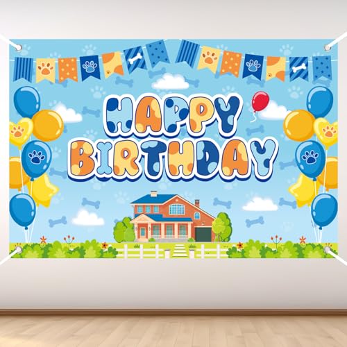 Fondo Fiesta Cumpleaños Cachorro Azul, 150x100cm Fondo Cumpleaños Azul Dibujos Animados con Lindos Globos Perro y Patas para Suministros de Decoración de Fiestas