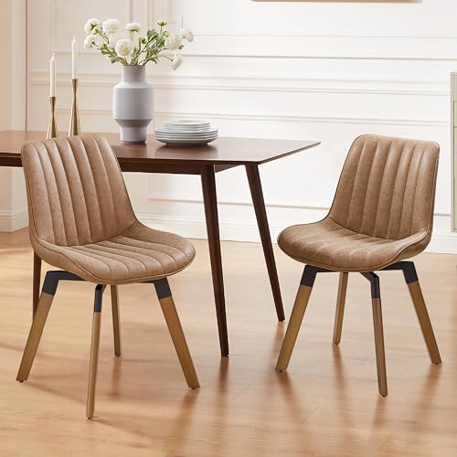 Art Leon Swivel Dining Chairs Set of 2, Mid Century Modern Kitchen Dining Room Chairs, Upholstered Faux Leather Armless Side Chair with Wood Legs for Living Room Bedroom, Brown