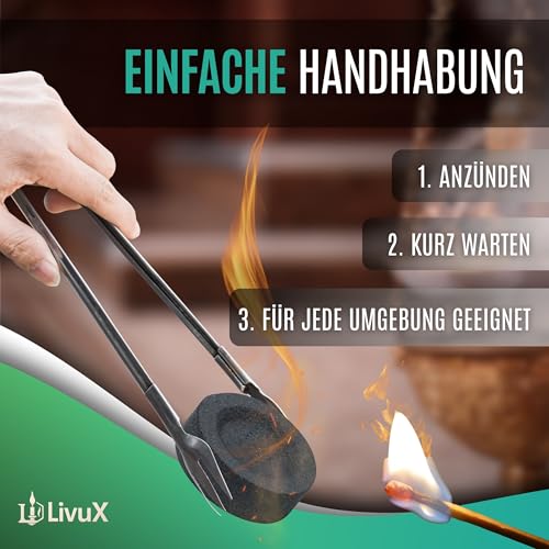 LivuX 50 Tabs Weihrauchkohle 33mm – Schnellzündende Räucherkohle, 5 Rollen mit je 10 Kohletabletten, ideal zum Verbrennen von Räucherwerk, Harzen und Kräutern 1202