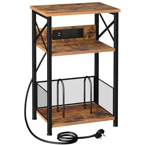 AMHANCIBLE Record Player Stand with Charging Station 3-Tier Bedside Table with Storage Cabinet Side Table Hold Up to 100 Albums Vinyl Record Stand for Living Room Bedroom Rustic Brown HETCD01BR-1