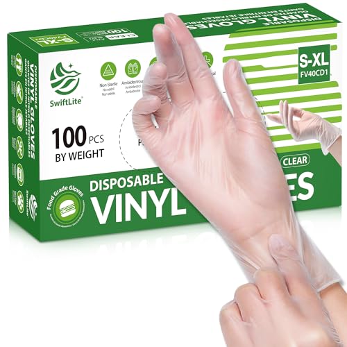 SWIFTLITE Disposable Vinyl Gloves, Food Safe, Latex-Free Powder-Free Clear Plastic Gloves for Cooking, House Clean, Food Prep (100, Large)