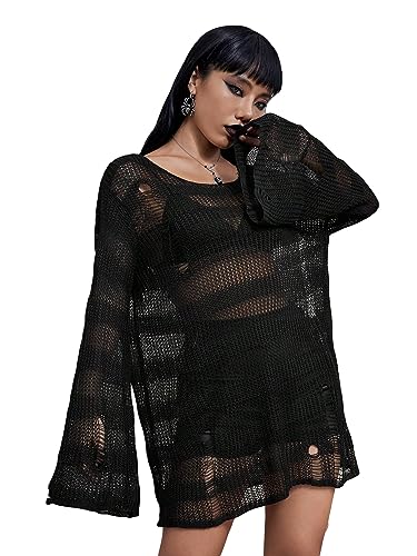 Verdusa Women's See Through Round Neck Drop Shoulder Sweater Long Flare Sleeve Knit Top