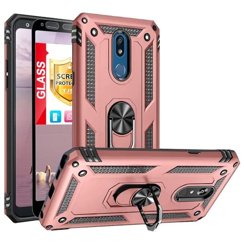 TJS Phone Case Compatible with LG K40/K12 Plus/X4/Solo LTE/Harmony 3/Xpression Plus 2, with [Full Coverage Tempered Glass Screen Protector] Impact Resistant Metal Ring Magnetic Support (Rose Gold)