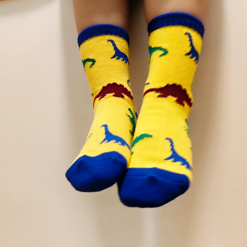 UMEABTCO Little Kids Dinosaur Socks for Toddler Boys Girls Multicolered Knitting Stretchable Child Cotton Sock 5-Pack,3-4-5 Years Old