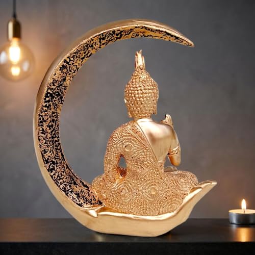 Image of Antique Big Meditating Moon Buddha Statue Showpiece for Home Decor - Living Room - House Warming - Office - Gifting - Buddha Idol Polyresin Decorative Figurine (9 Inch / 23 cm, Gold)