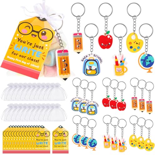 Trnayi 24 Set Back to School Gifts for Student, First Day of School Keychain Gift Set with Gift Tags and Organza Bags for Classroom Reward Gifts School Party Goodie Bag Stuffers