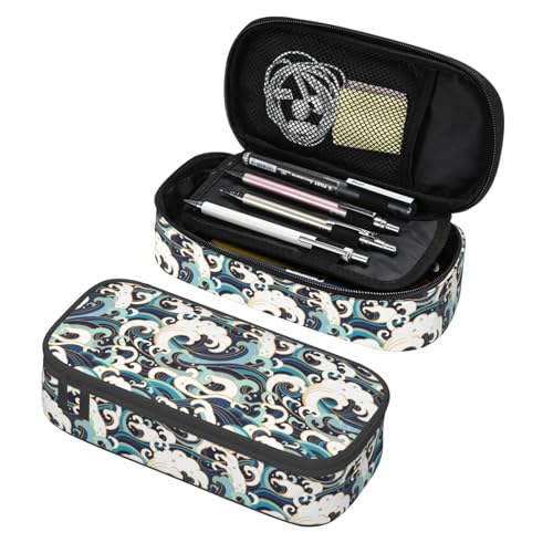Image of Japanese Ocean Waves Large Pencil Case With Zipper Compartments Stationery Pencil Bag For Kids Teens Students School Supplies