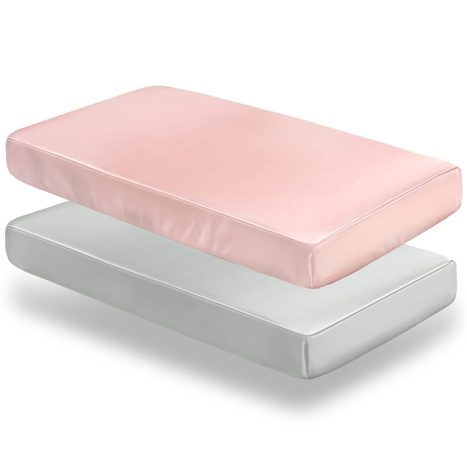 SiinvdaBZX 2 Pcs Satin Crib Sheets for Baby Hair, Silky Soft Fitted Crib Sheets for Standard Crib and Toddler Mattress (Light Grey & Pink, 52 x 28 x 8In) — image 1
