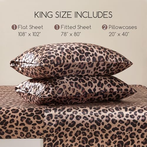 Image of MR&HM Satin Bed Sheets with Elastic Corner Straps, King Size Sheets Set, 4 Pcs Silky Bedding Set with 15 Inches Deep Pocket for Mattress (King, Brown Leopard)