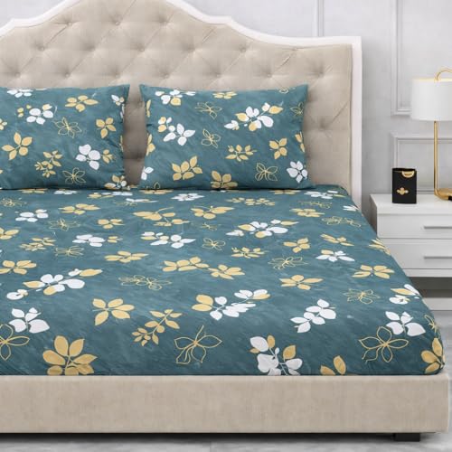 Image of 300 TC Cotton Feel Glace Cotton Elastic Fitted Bedsheet for King Size Double Bed | Fits up to 8 Inch Mattress | Printed Bedsheet with 2 Pillow Covers (Green&Gray, King Size - 72 inchx78 inch)
