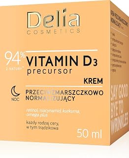 Delia Cosmetics - Precursore della vitamina D3 - Crema Notte normalizzante antirughe - Tutti i tipi di pelle, acneica - Idratante, Rassodante - Coenzima Q10 - Niacinamide - Curcuma - 50ml