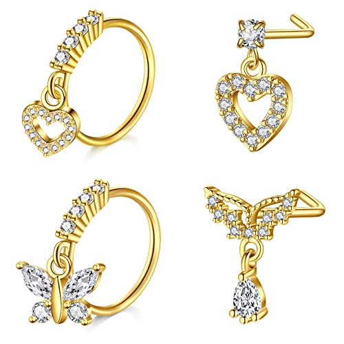 Mayhoop Piercing Nez 20G 4 Pièces Anneaux Studs pour Acier Chirurgical Piercing Doré avec CZ en Forme de L de Nez Bijoux de Piercing pour Femme Homme
