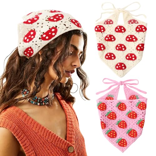 Image of DRESHOW Floral Crochet Hair Bandana Tie Knotted Headscarf Vintage Headband Knitted Head Kerchief for Women Girls